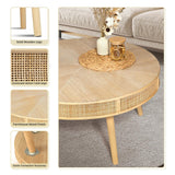 RUSTOWN 2-Piece Farmhouse Coffee Table, Modern Rustic Sofa Side Tea Tables, Solid Wood Finish with Crafted Rattan Side and End Table Sets for Living Room (Natural) RUSTOWN