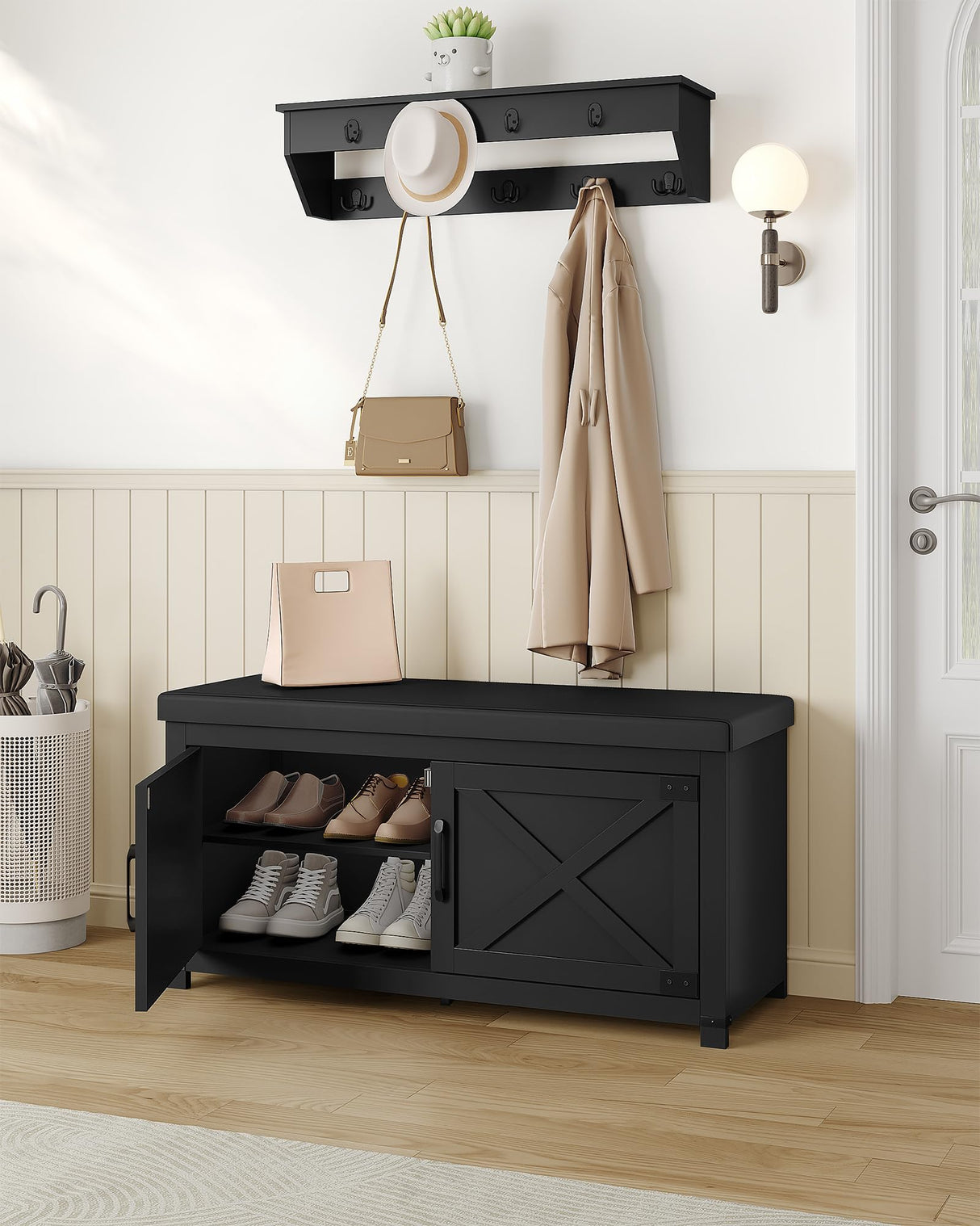 Hzuaneri Farmhouse Shoe Storage Bench, 2 Tier Shoe Bench with Padded Seat Cushion & 2 Barn Doors, Entryway Bench with Adjustable Shelf, Shoe Cabinet for Living Room, Bedroom, Black SB26606BK Hzuaneri