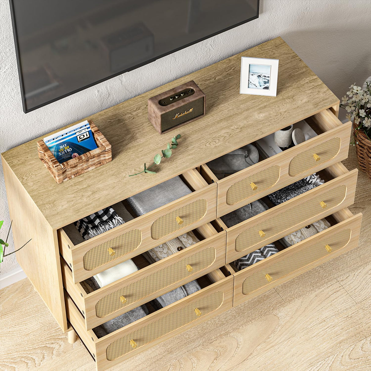 HOUROM Rattan Dresser for Bedroom, Modern 6-Drawer Double Dresser with Gold Handles, Wood Storage Chest of Drawers for Bedroom HOUROM