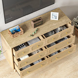 HOUROM Rattan Dresser for Bedroom, Modern 6-Drawer Double Dresser with Gold Handles, Wood Storage Chest of Drawers for Bedroom HOUROM