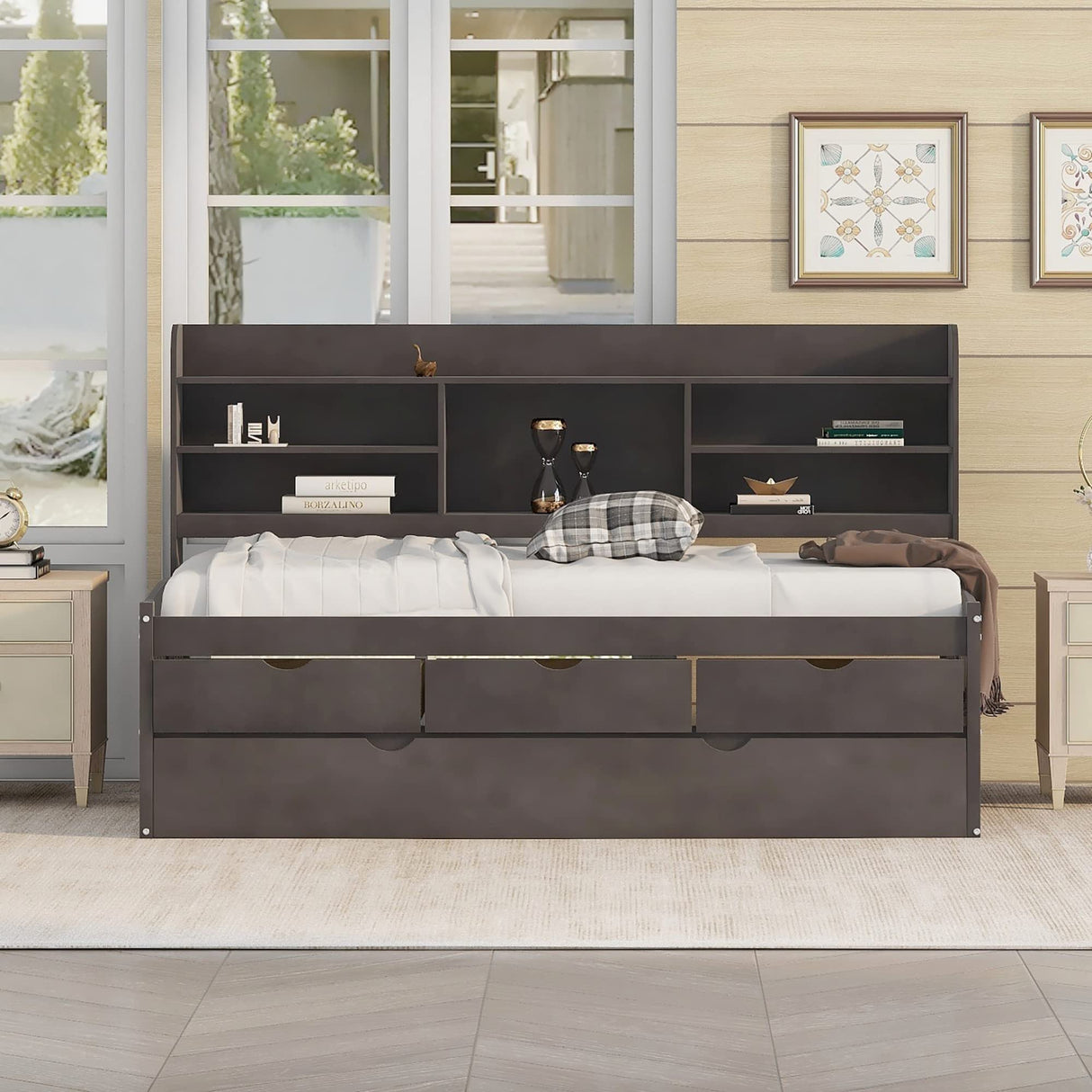 Harper & Bright Designs Twin Size Captain's Daybed with Trundle, Drawers & Bookcase in Antique Gray Harper & Bright Designs