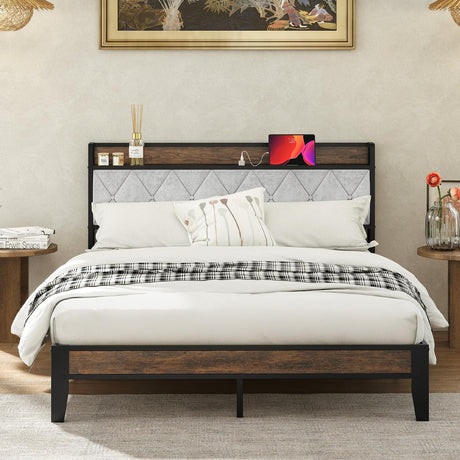 Sweetcrispy Queen Bed Frame with Headboard, Storage Headboard with USB Charging Station, Durable Squeak-Free Frame, Simple No-Tool Assembly,Works with Queen Mattress No Box Spring Needed Sweetcrispy