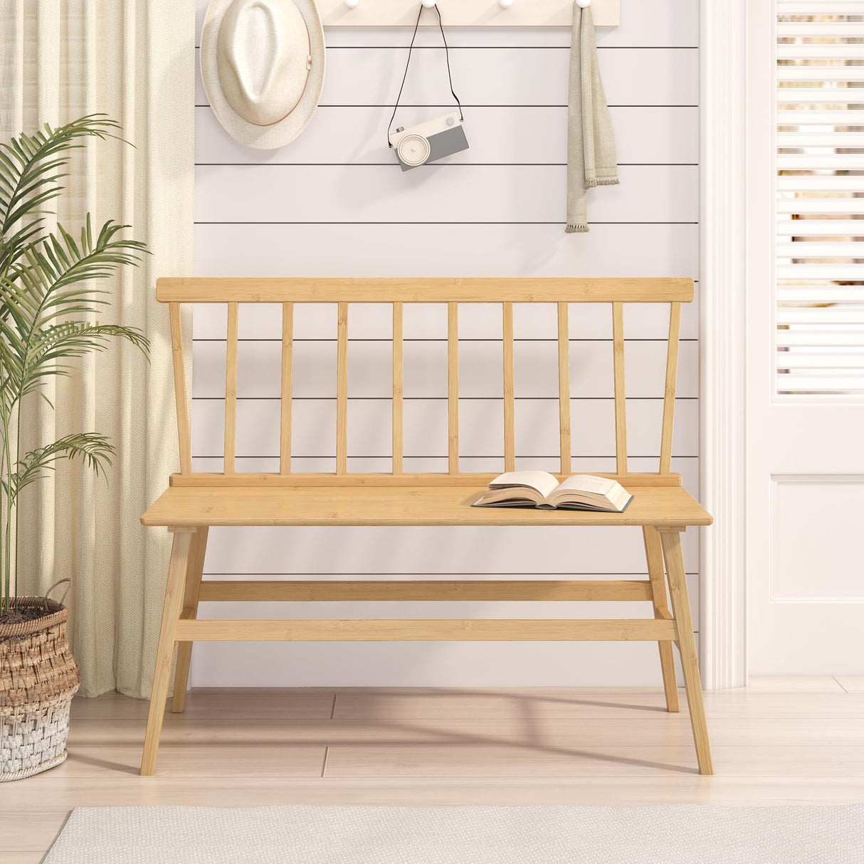 Wisuce Essentials Bamboo Dining Bench, Black Entryway Bench with Spindle Back Farmhouse Wood Windsor for Foyer Balcony Living Room (Nature) (Nature) Wisuce Essentials