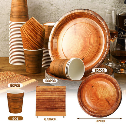 Skylety 200 Pcs Rustic Wood Grain Paper Plates Camping Party Tableware Set Disposable Fall Plate Cup Napkin Hunting Birthday Party Decorations Woodland Party Dinnerware Serve 50 Guests - WoodArtSupply