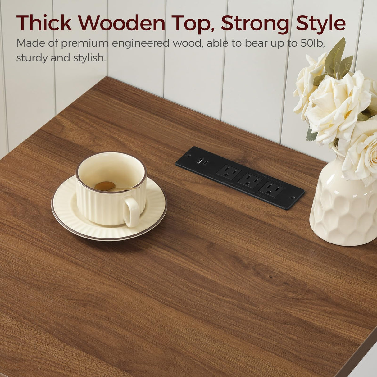 MAHANCRIS Farmhouse End Table with Charging Station, 24" Large Sofa Side Table, Wooded Square White Nightstand, Adjustable Storage Shelf, Rustic Bedside Table for Living Room, Bedroom, Walnut MAHANCRIS