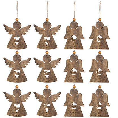 Chenkaiyang 24 Pcs Christmas Farmhouse Wooden Angel Ornaments Pack,Xmas Wood Angel Ornaments Bulk Xmas Tree Hanging Farmhouse Ornaments for Christmas Party Decor