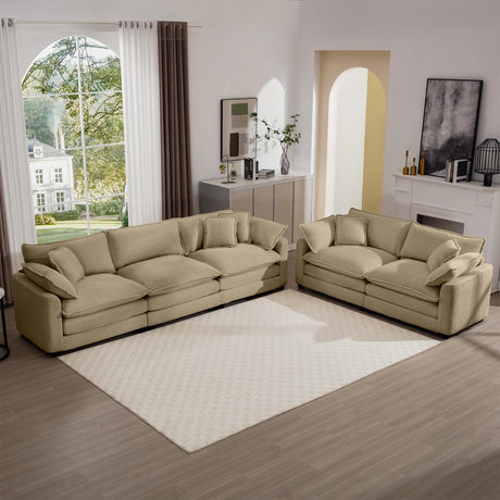 KEIKI 2-Piece Sofa Set with 1 Oversized Corduroy 3-Seater Sofa & 1 Loveseat Sofa, Upholstered 5-Seater Couch Set with 9 Pillow, High-Density Foam Cushions, Removable Armrests, for Living Room, Tan KEIKI