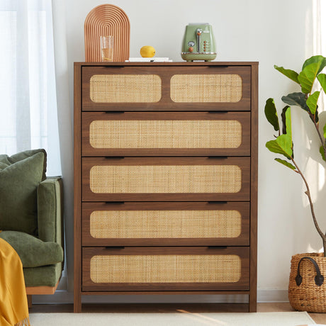 LEVNARY 5 Drawer Chest Dresser, Rattan Tall Dresser 5 Chest of Drawers for Bedroom, Wood Storage Cane Cabinet with Metal Handles, for Living Room, Hallway, Nursery (Walnut) LEVNARY