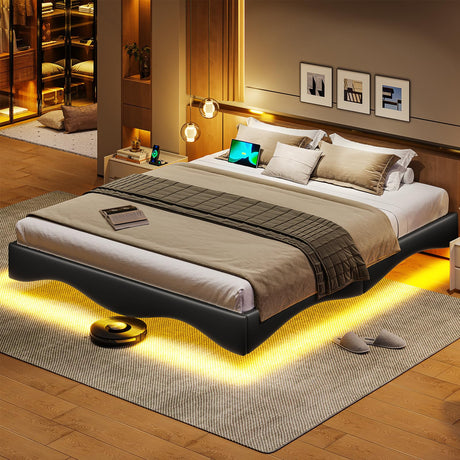 MSmask Modern Floating Full Bed Frame with LED Lights, Type-C & USB Ports, No Box Spring Needed, Black MSmask