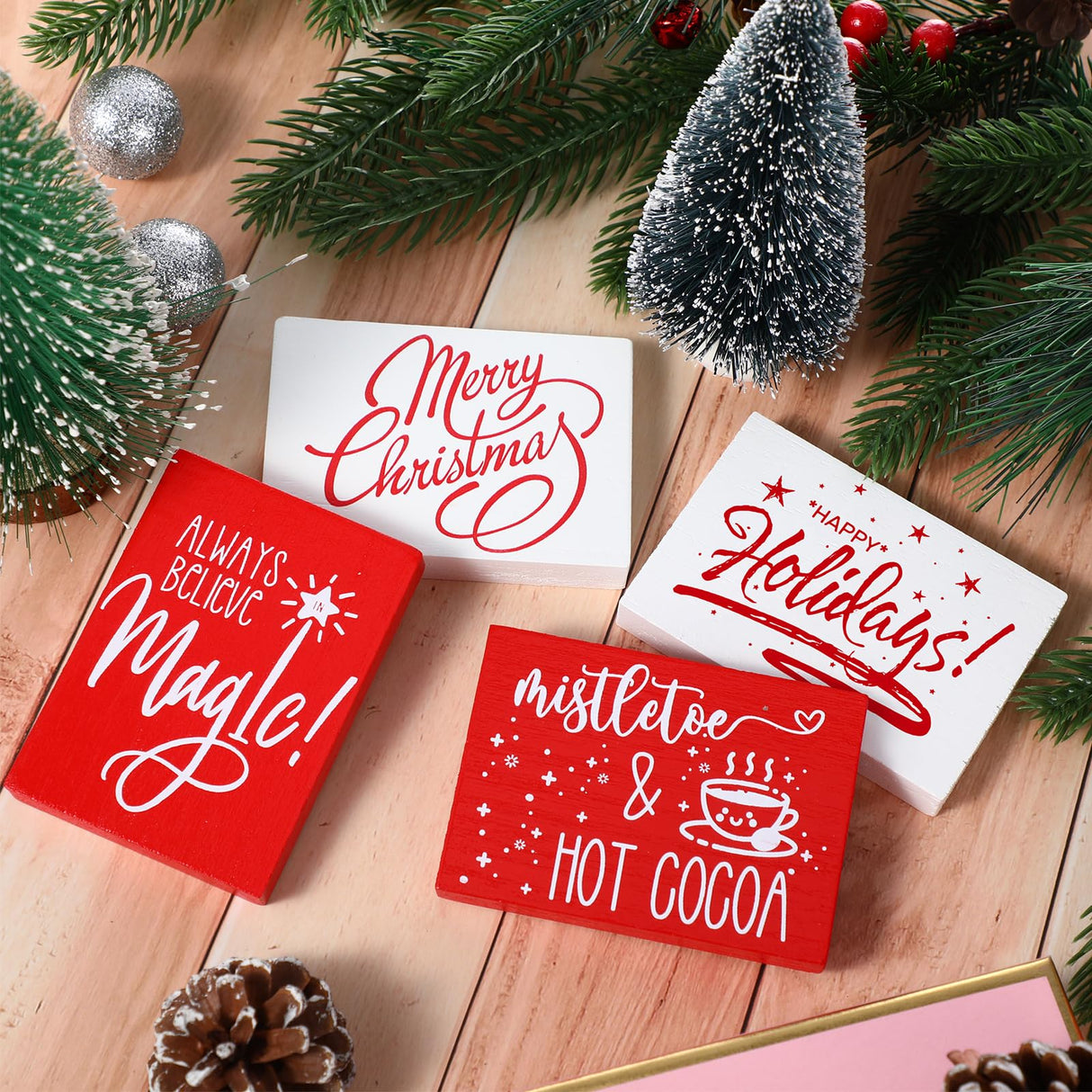 9 Pack Christmas Wooden Signs Farmhouse Christmas Tiered Tray Decorations Christmas Table Decor Christmas Block Signs for Xmas Holiday Party Table Centerpiece Home Crafts Decorations Roowest