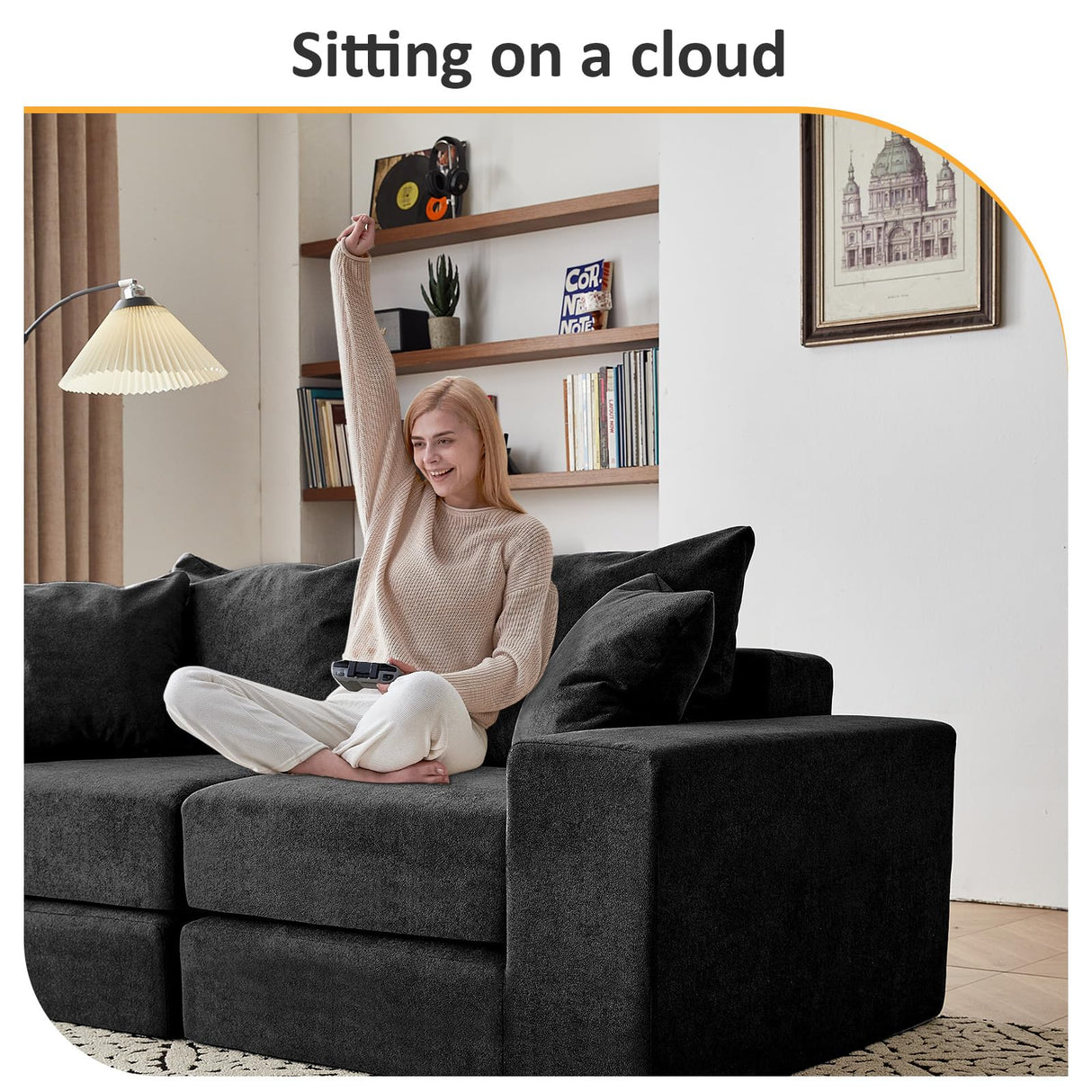 Modular Sectional Loveseat Cloud Sofa, Boneless Couch with Non Slip Base, Modern Sleeper Sofa for Customizable Living Spaces, Cozy Modular Couch with L-Shape Chaise, Deep Seat & No Assembly, Black CozyMine