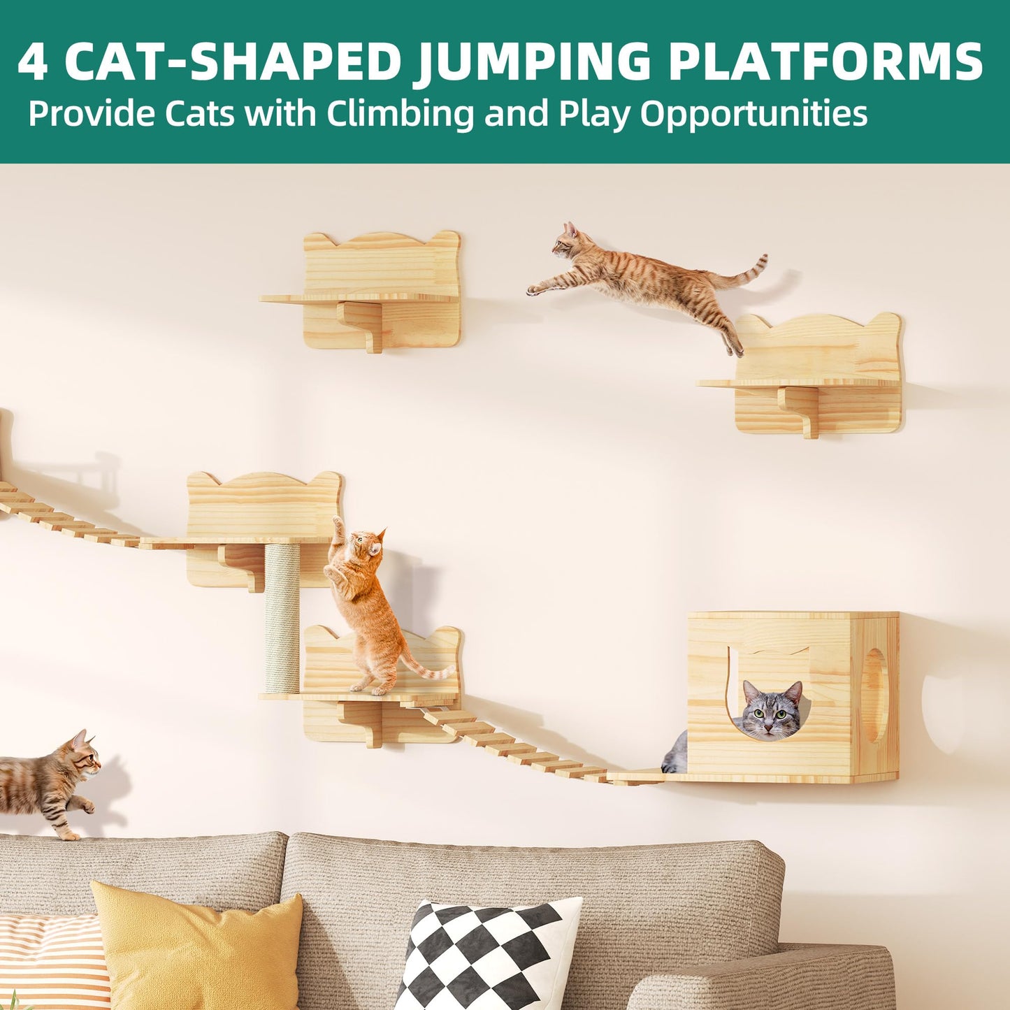 YITAHOME Cat Wall Shelves and Perches for Wall, Solid Wood Wall Mounted Cat Furniture 9 Piece Set, Cat Climbing Shelves Playground Scratching Post with 4 Steps Indoor Mounted Condos House