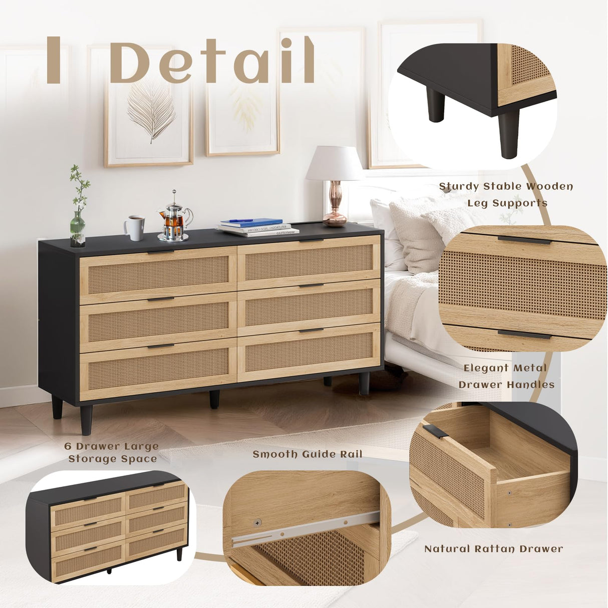 NTYUNRR Black Rattan Dresser, 6 Drawer Double Dresser for Bedroom, 59.06" Rattan Dresser for Closet, 6 Drawer Dresser Chest of Dressers Storage Cabinet with Metal Handles, TV Stands for Living Room, L NTYUNRR