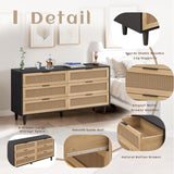 NTYUNRR Black Rattan Dresser, 6 Drawer Double Dresser for Bedroom, 59.06" Rattan Dresser for Closet, 6 Drawer Dresser Chest of Dressers Storage Cabinet with Metal Handles, TV Stands for Living Room, L NTYUNRR