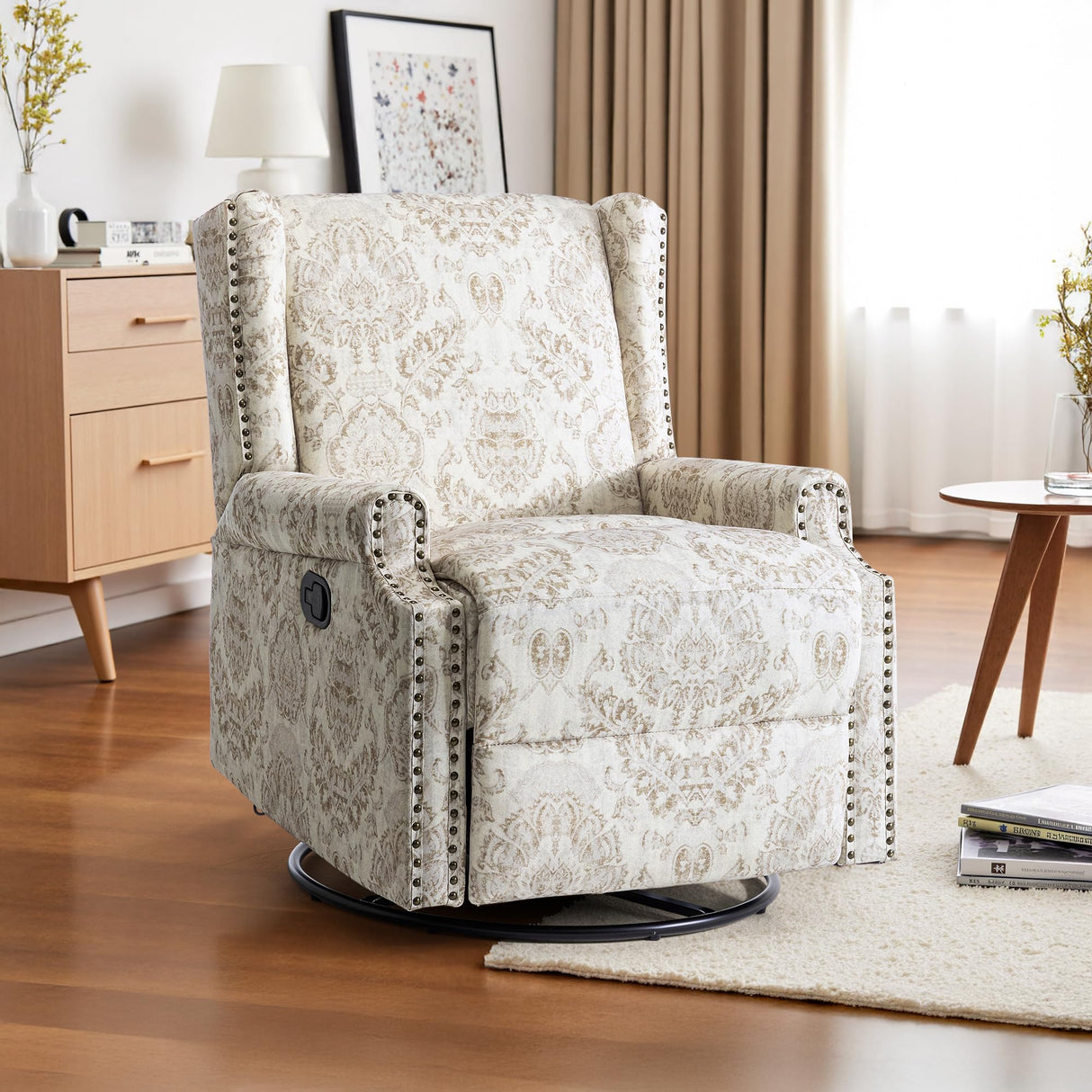 DREAMSIDEA Swivel Rocker Recliner Chair, Manual Nursery Glider Recliner, Floral Fabric Wingback Accent Chair with Adjustable Backrest & Footrest for Small Spaces Living Room Bedroom (Beige, Set of 1) DREAMSIDEA