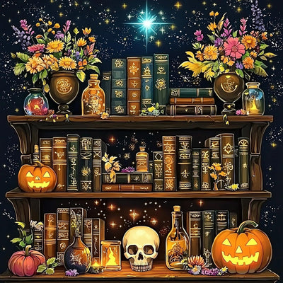 SENQAO Bookshelf Diamond Painting Kits for Adults, Goth Skul Diamond Art Kit Beginners DIY 5D Full Drill Round Magical Book Botanical Diamond Painting Gem Art for Home Wall Decor Gift 12x12inch