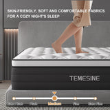 Queen Mattress, 14 Inch Hybrid Mattress in a Box with Individual Pocket Spring, Gel Memory Foam and Euro Top, Medium Firm Feel with Motion Isolation, Pressure Relief, Edge Support,Queen Size Black TEMESINE