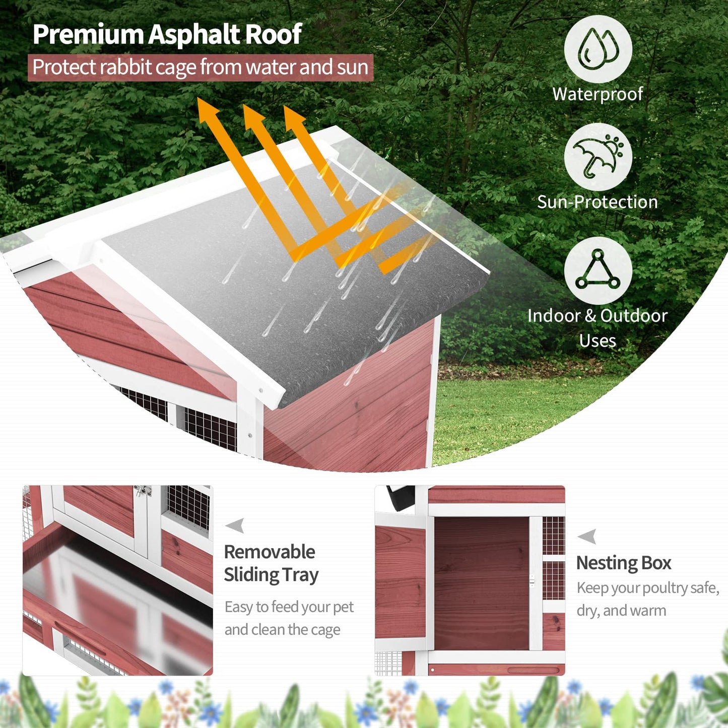 Tangkula Wood Rabbit Hutch, Outdoor Indoor Bunny Cage with Run, Removable Tray, Ramp, Ventilate Door, Waterproof Roof Chicken Coop Pet House for Chicken Rabbit Guinea Pig, 48.5 x 25 x 37 Inch, Red