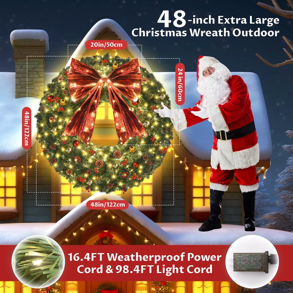 48inch Large Christmas Wreath - Outdoor Christmas Wreath with 300 Lights and Timer Remote Control, Red Bows, Jingle Bells, Pine Cones, Berry Clusters - 720 PVC Tips Artificial Pre Lit Xmas Wreaths Vuskly