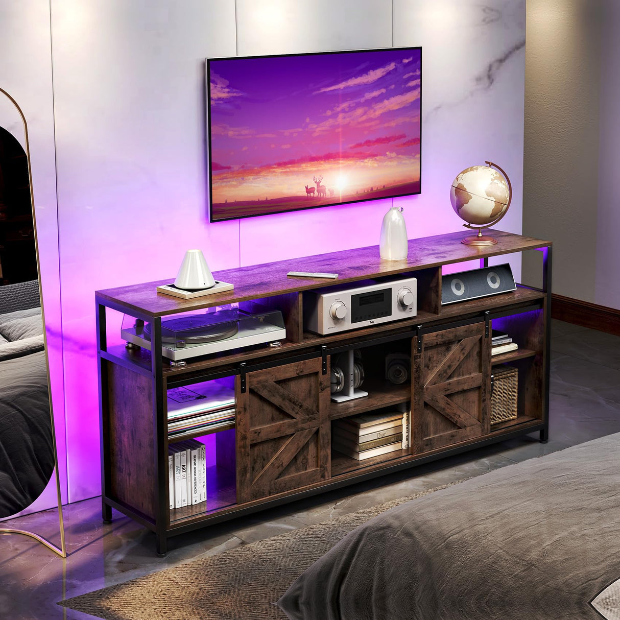 TC-HOMENY Brown TV Stand for 65 inch TV, Mid Century Modern Style, Sliding Barn Door, Adjustable Shelves, Built-in Charging Station and LED Light Strip, 33" High TC-HOMENY