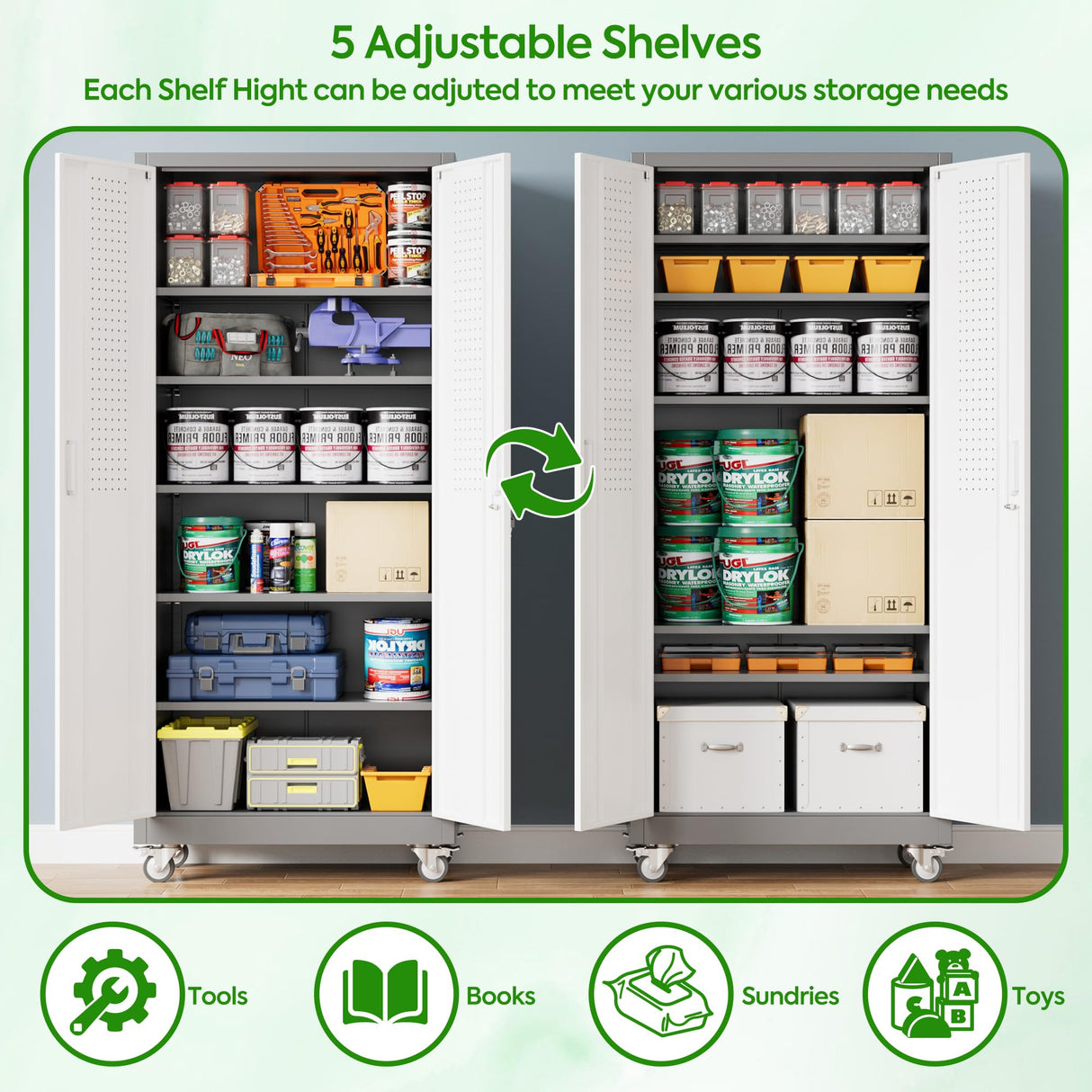 Aobabo Upgraded Garage Storage Cabinets with Wheels,Metal Storage Cabinets with 5 Adjustable Shelves for Garage Home Office Storage, Grey&White,71''H*32''W*16''D,Assembly Required Aobabo