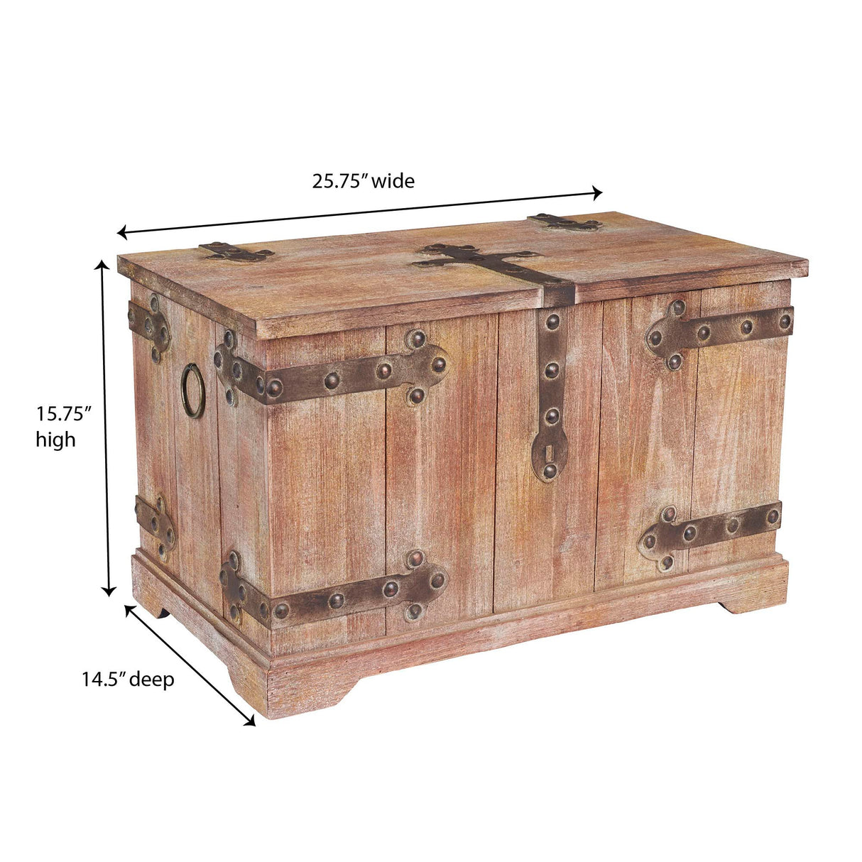 Household Essentials Decorative Trunk, Victorian, Large, Chinese Fir Wood, Aged-Wood Finish with Metal Accents, Fully Opening Lid, Stout Design, Ring Handles Household Essentials