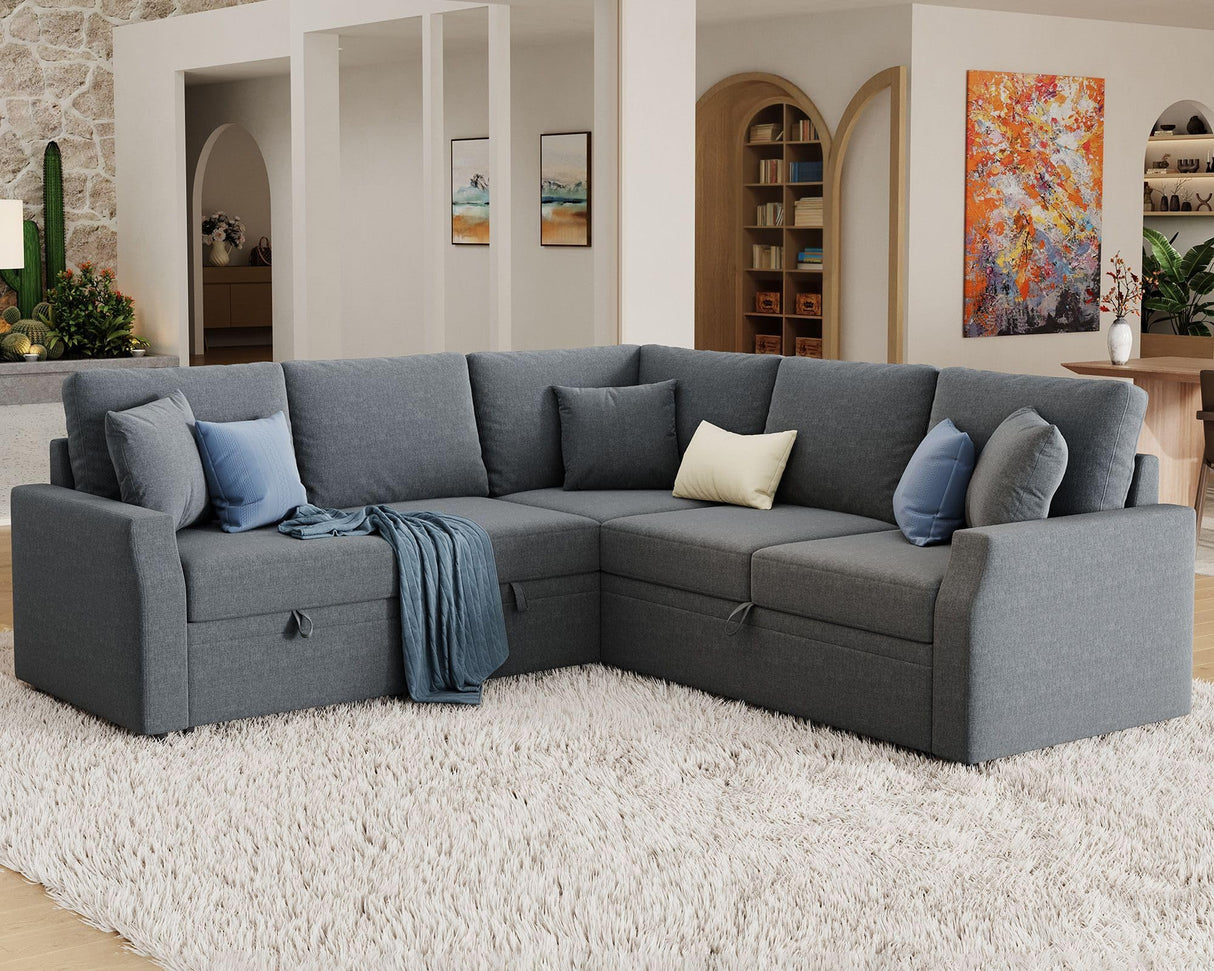 Jocisland Sofa Bed, 85 Inch Sleeper Sofa with Pull Out Bed & Storage Seat, Oversized L Shape Sectional Sofa for Living Room Apartment, Grey Linen Reversible Couch Jocisland