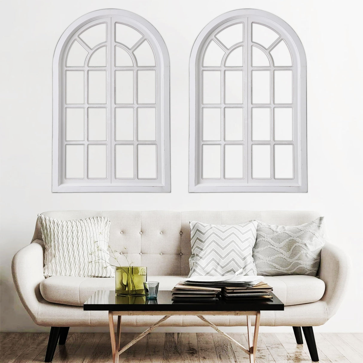 Sintosin Rustic Arched Window Frame Wall Decor 42 X 26 Inch, Hanging Distressed White Large Wooden Cathedral Window Pane for Wall Decor, Handmade Farmhouse Wall Decor for Living Room Bedroom Hallway Sintosin