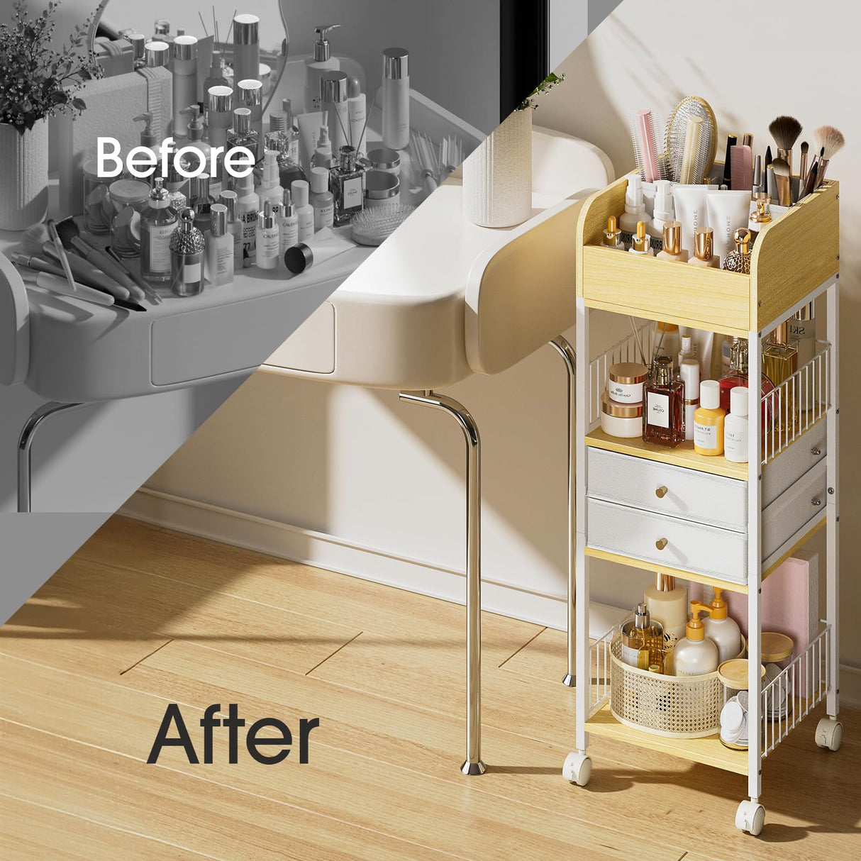 Makeup Organizer Cart with 2 Drawers, Rolling Bathroom Organizers and Storage- Versatile Skincare Perfume Storage Vanity Organizer, Natural Wood and White Iron TidyStash