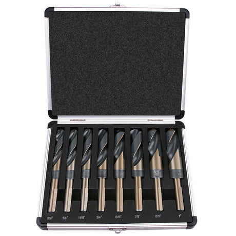 EFFICERE 8-Piece Premium 1/2” Reduced Shank Silver and Deming Large Drill Bit Set in Aluminum Carry Case, M2 High Speed Steel, 135-Degree Split Point | SAE Inch Size 9/16” - 1” by 1/16th Increment EFFICERE