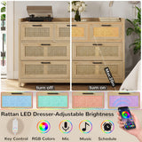 Rattan Dresser for Bedroom with LED Lights, Modern Drawer Dresser with Metal Handles, Wood Storage Chest of Drawers Dresser for Closet, Bedroom, Living Room, Hallway MSmask