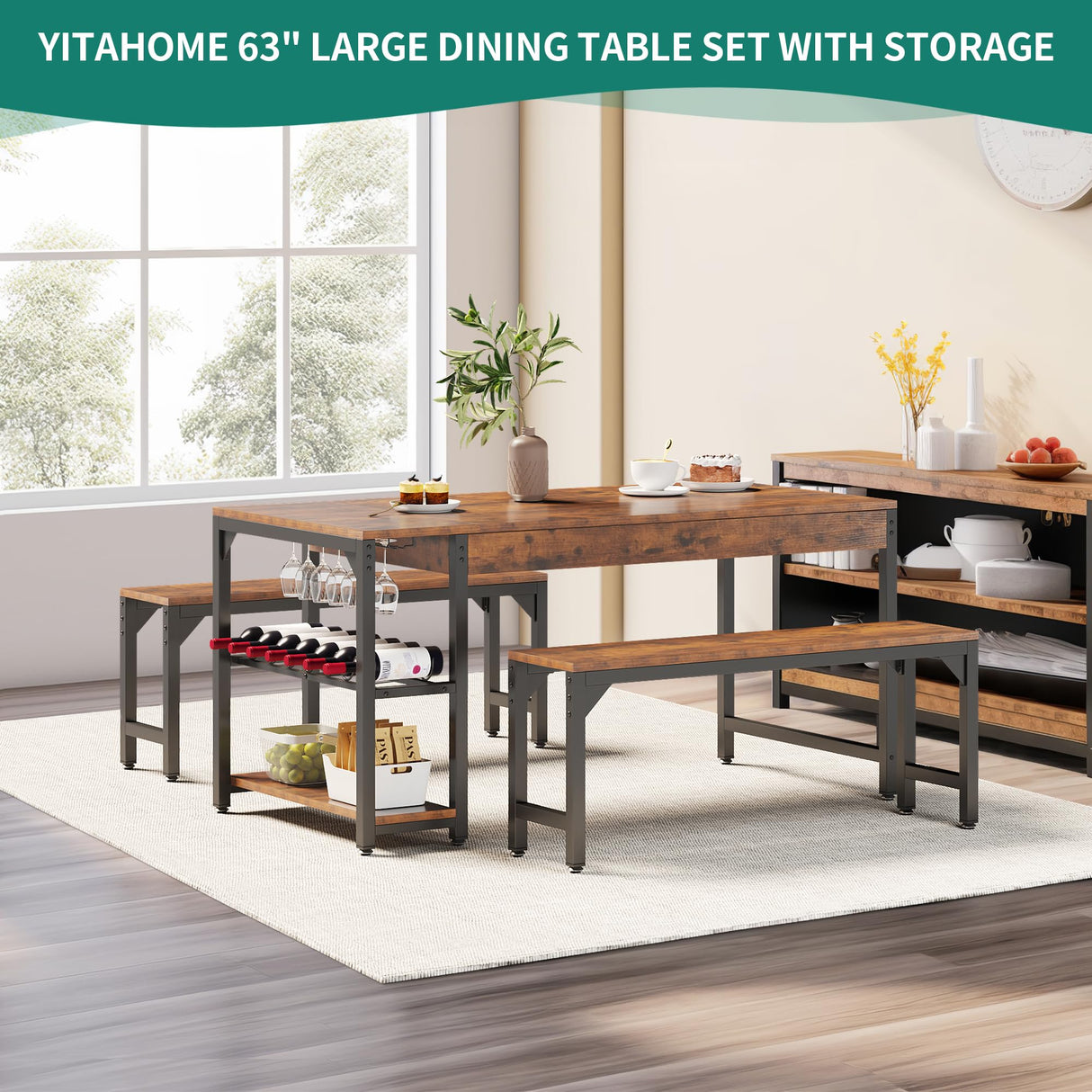 YITAHOME 63" 3 Piece Kitchen Dining Room Table Set for 4 w Bench & Storage, Farmhouse Rectangle Dinette Sets w Wine & Glass Holder 4 Seater, Space Saving for Apartment Dinner Breakfast, Rustic Brown YITAHOME