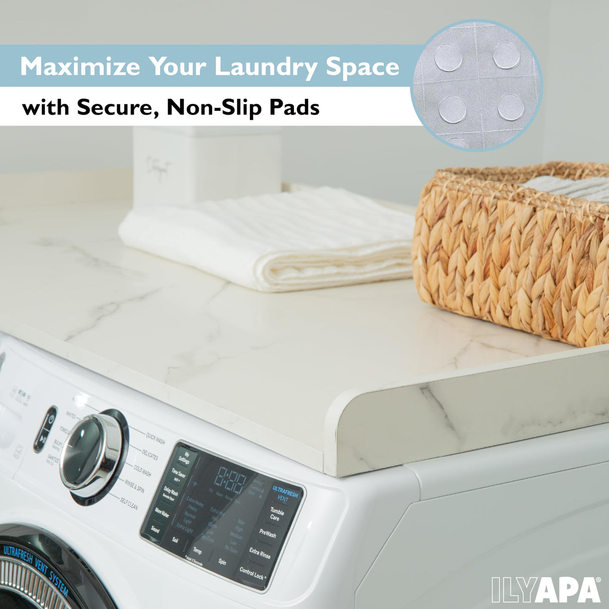 Ilyapa Washer Dryer Countertop - 27.5 x 54 inch Laundry Countertop, Washer and Dryer Covers for The Top, Laundry Room Organization and Storage, Carrera Marble High Pressure Laminate with Backsplash Ilyapa