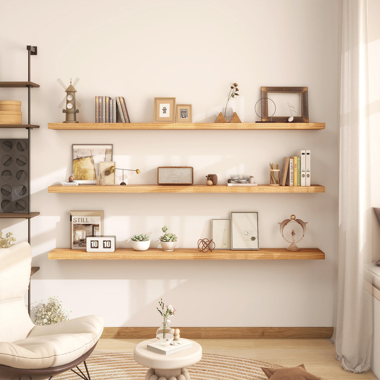 Fun Memories 55 Inch Fireplace Mantel Shelf, Wood Floating Shelves Wall Mounted, Wall Shelves with Invisible Bracket for Living Room Bathroom Bedroom Kitchen, Set of 1 (Natural, 55"x 8") Fun Memories