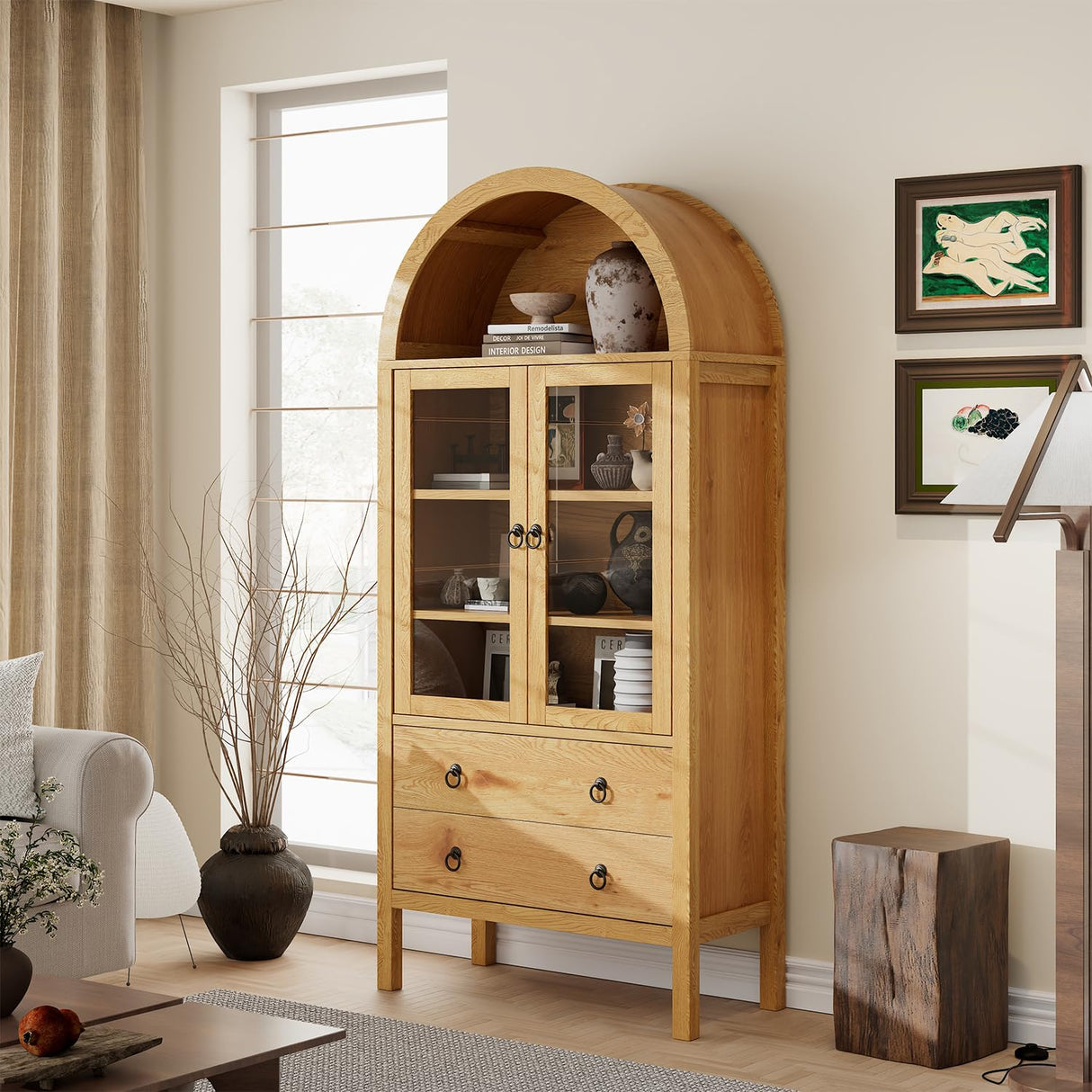 MECHYIN Arched Cabinet, 71" Tall Modern Storage Cabinet, Arched Kitchen Pantry Cabinet, Arched Bookshelf with Doors and Drawer, Wooden Storage Cabinet for Living Room, Kitchen, Dining Room (Natrual) MECHYIN