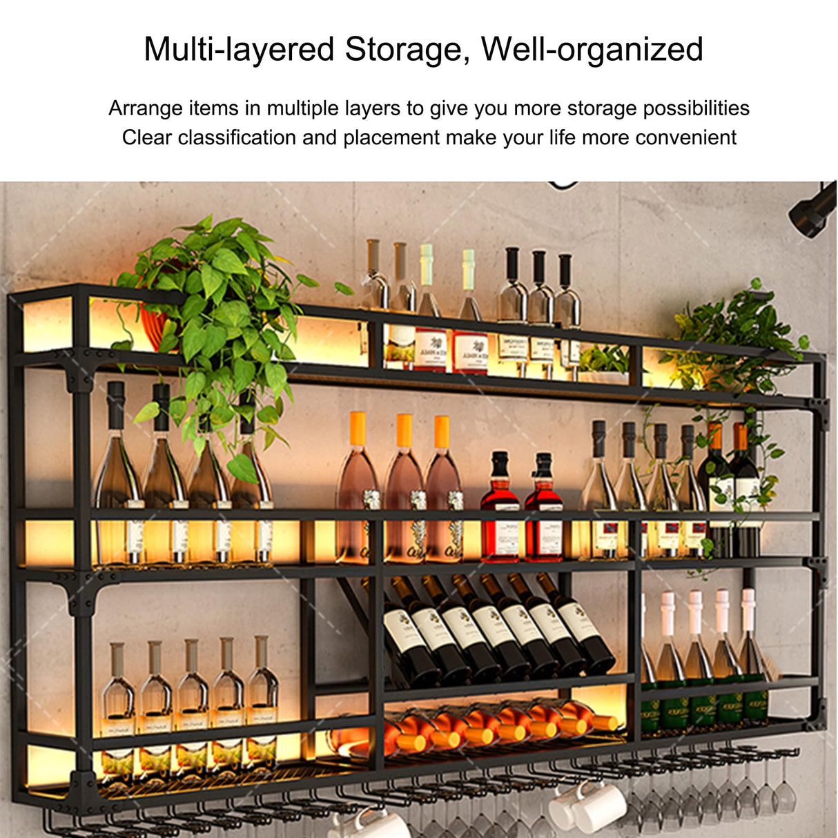 Wine Rack Wall Mounted Bar Shelves with Hanging Wine Glass Rack Liquor Bottle Display Shelf with LED Light Floating Bar Shelves Whiskey Shelf Kitchen Wall Cabinet for Home Bar Dining Room Cafe(Color:G JOSIAHCQ