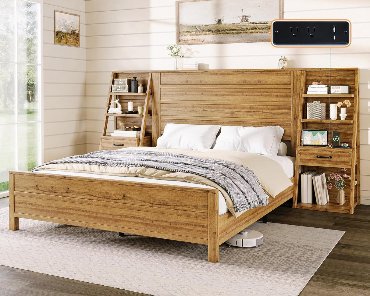 LUXOAK King Bed Frame with Wide Headboard and 4-Tier Bookshelves, Farmhouse Platform Bed with Charging Station & 2 Drawers, Noise-Free, No Box Spring Needed, Natural Oak LUXOAK
