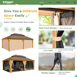 EROMMY 12' x 22' Gazebo, Wooden Finish Coated Aluminum Frame Canopy with Double Galvanized Steel Hardtop Roof, Outdoor Permanent Metal Pavilion with Curtains and Nettings for Patio, Backyard and Deck EROMMY