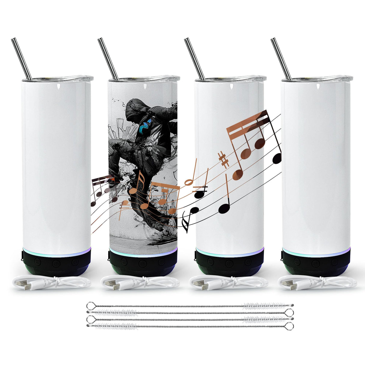 sweet grain Sublimation Speaker Tumblers 20 oz(4Pack) - Music Speaker Tumblers with Lids and Straws, Skinny Straight Sublimation Tumblers with Speaker & USB Charging Cables for DIY Gift - Black sweet grain