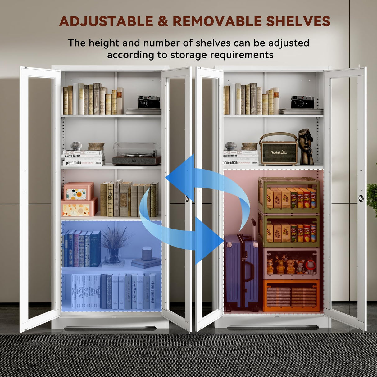 Kubohogar Display Cabinet with Glass Doors,71" Metal Curio Cabinets with 4 Adjustable Shelves, 5 Tier Display Case for Collectibles, Metal Storage Cabinet, White Kubohogar