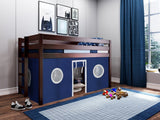 JACKPOT! Contemporary Low Loft Twin Bed with End Ladder, Cherry with Blue & White Tent JACKPOT!