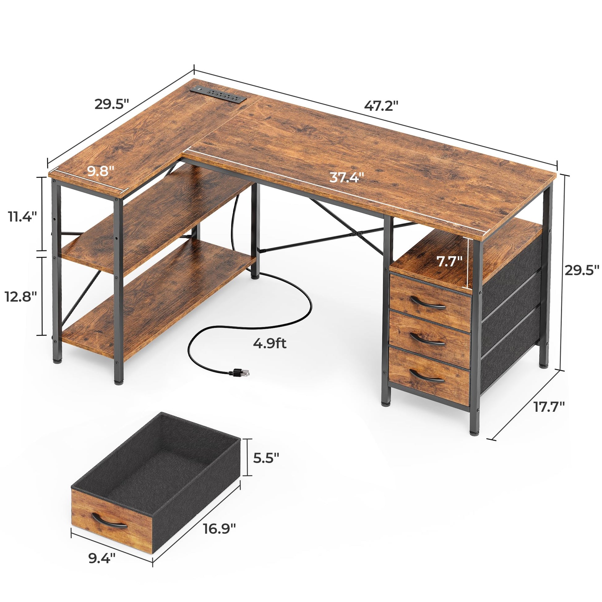 Huuger L Shaped Desk with Power Outlets, Computer Desk with 3 Drawers, 47 Inch Office Desk with Shelves, Gaming Desk, Corner Desk Work Desk for Home Office, Study, Rustic Brown - WoodArtSupply