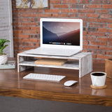 MyGift Shabby Whitewashed Wood Computer Monitor and Laptop Riser Stand for Desk, 2 Tier Office Desktop Storage Shelf MyGift