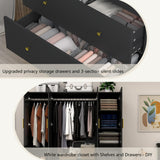 jiteentarou 4 Door Wardrobe Closet with Mirrors and LED Lights, Bedroom Armoire with Drawers and Shelves, Modern Wooden Armoire Wardrobe Closet with Hanging Rod for Bedroom, Black jiteentarou