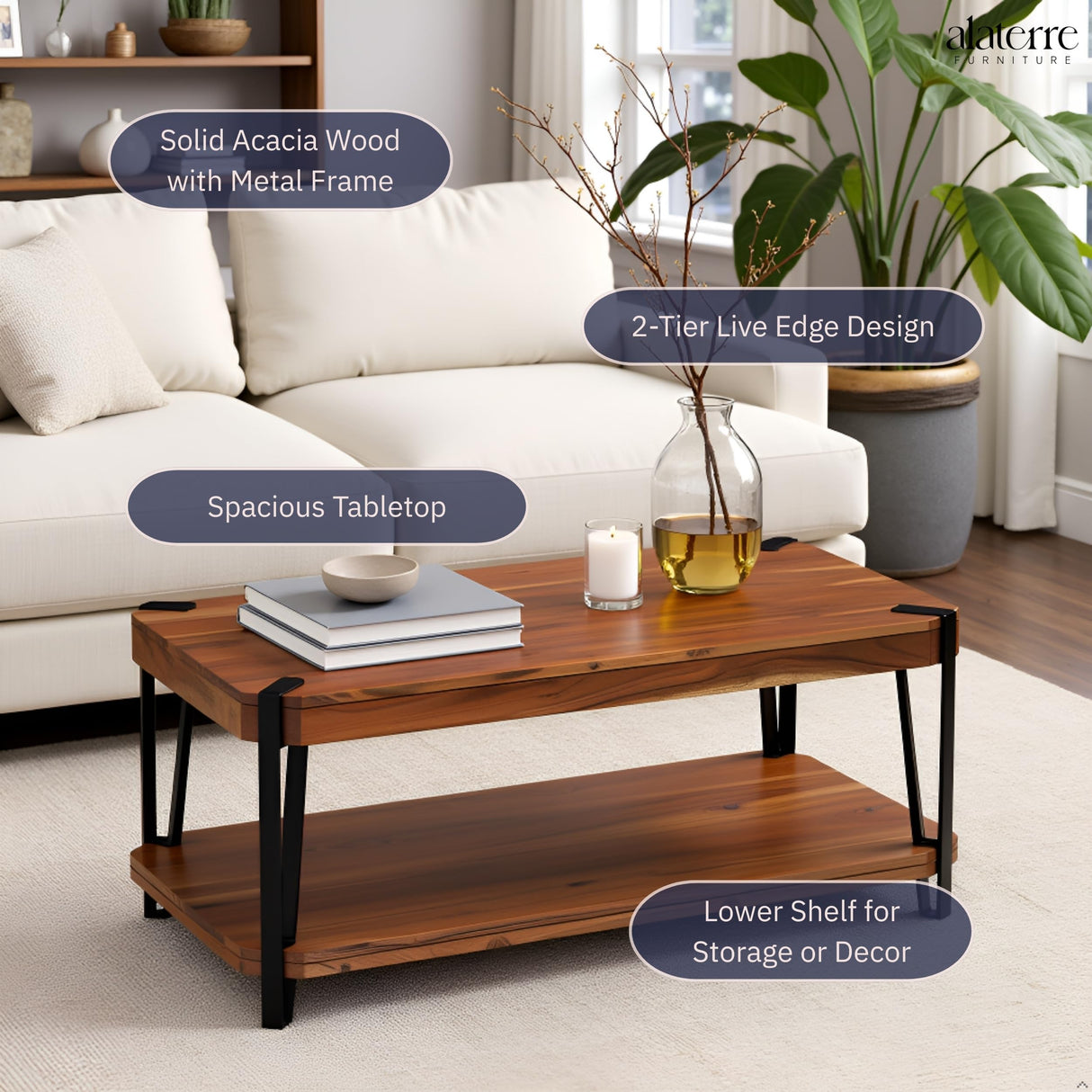 Ryegate 42-Inch Coffee Table – Solid Acacia Wood Live Edge Top with Lower Shelf and Metal Frame Base – Rustic Industrial Modern Living Room Center Table by Alaterre Furniture (Natural) Alaterre Furniture