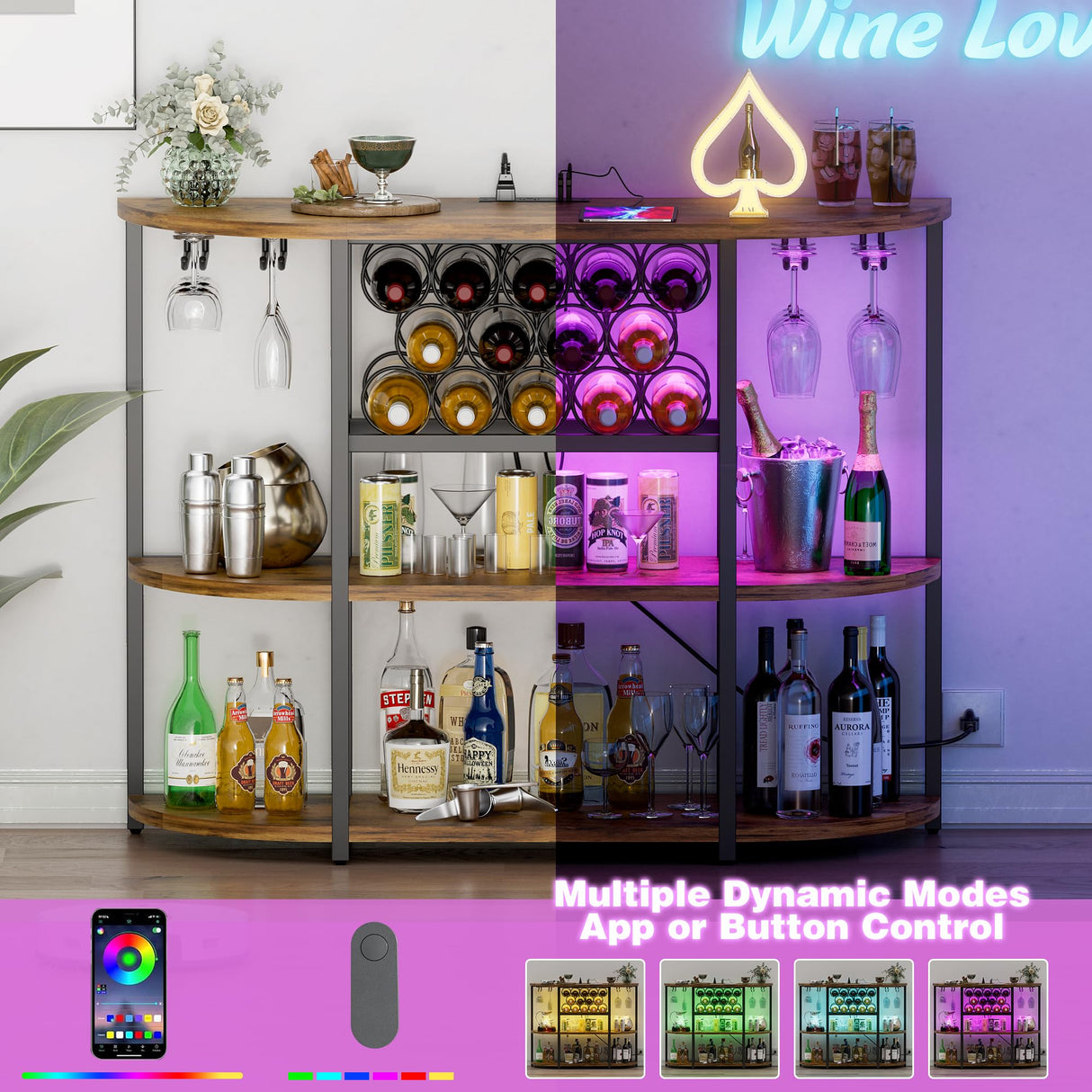 Furmax Wine Bar Cabinet for Liquor Bar Table Bar Cabinet with Lights and Outlet 4-Tier Storage Freestanding Wine Racks with Glass Holder Mini Bars for Home, Bar Furmax