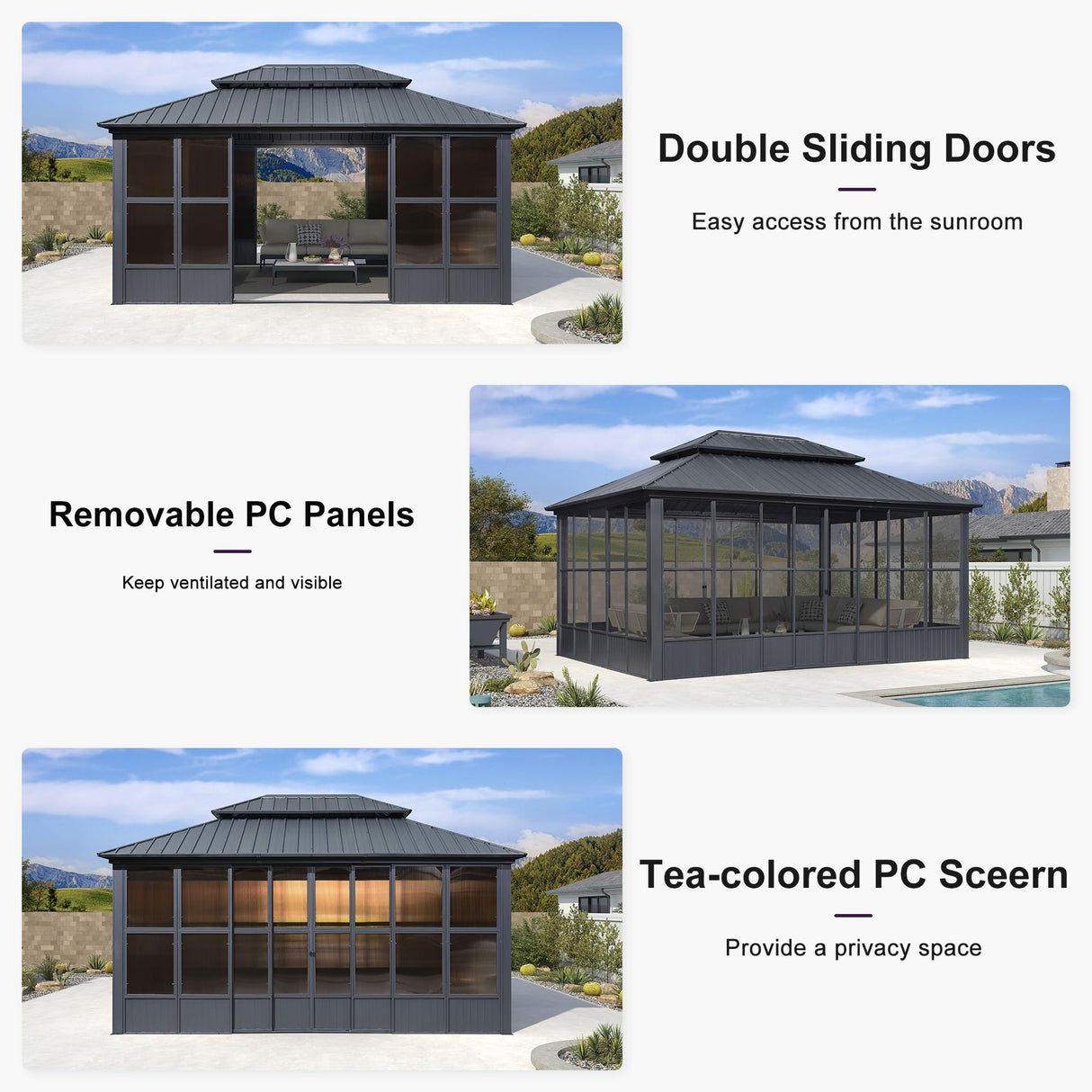 PURPLE LEAF 12' X 16' Solarium Sunroom Permanent Hardtop Screened Gazebo Galvanized Steel Double Roof Aluminum Outdoor Enclosed Gazebo for Hot Tub Lawn Deck Backyard Grey PURPLE LEAF