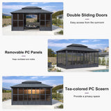 PURPLE LEAF 12' X 16' Solarium Sunroom Permanent Hardtop Screened Gazebo Galvanized Steel Double Roof Aluminum Outdoor Enclosed Gazebo for Hot Tub Lawn Deck Backyard Grey PURPLE LEAF