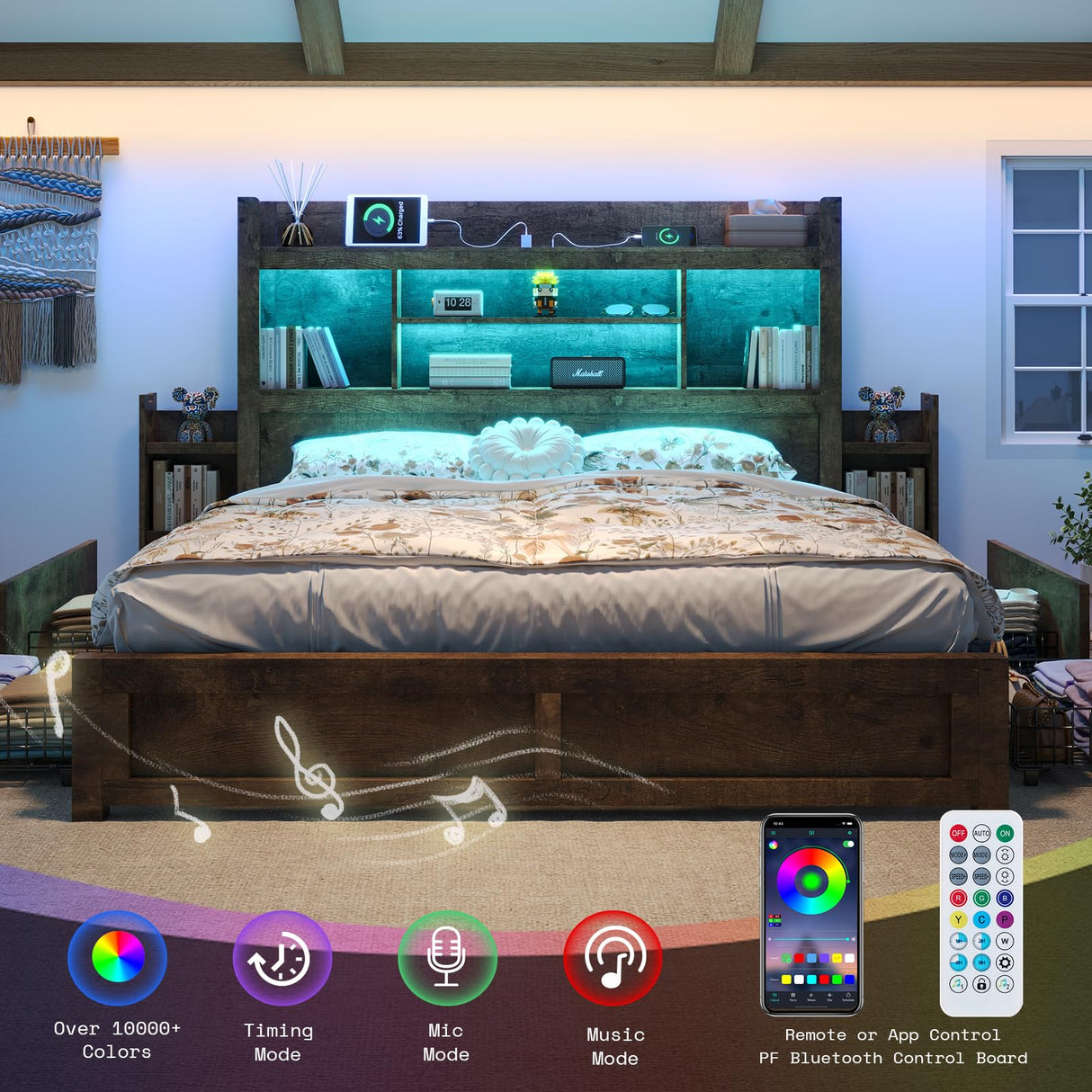 LUXOAK Rustic Brown King Bed Frame with Bookcase Headboard, RGB LED, Charging Station, and Storage Drawers LUXOAK