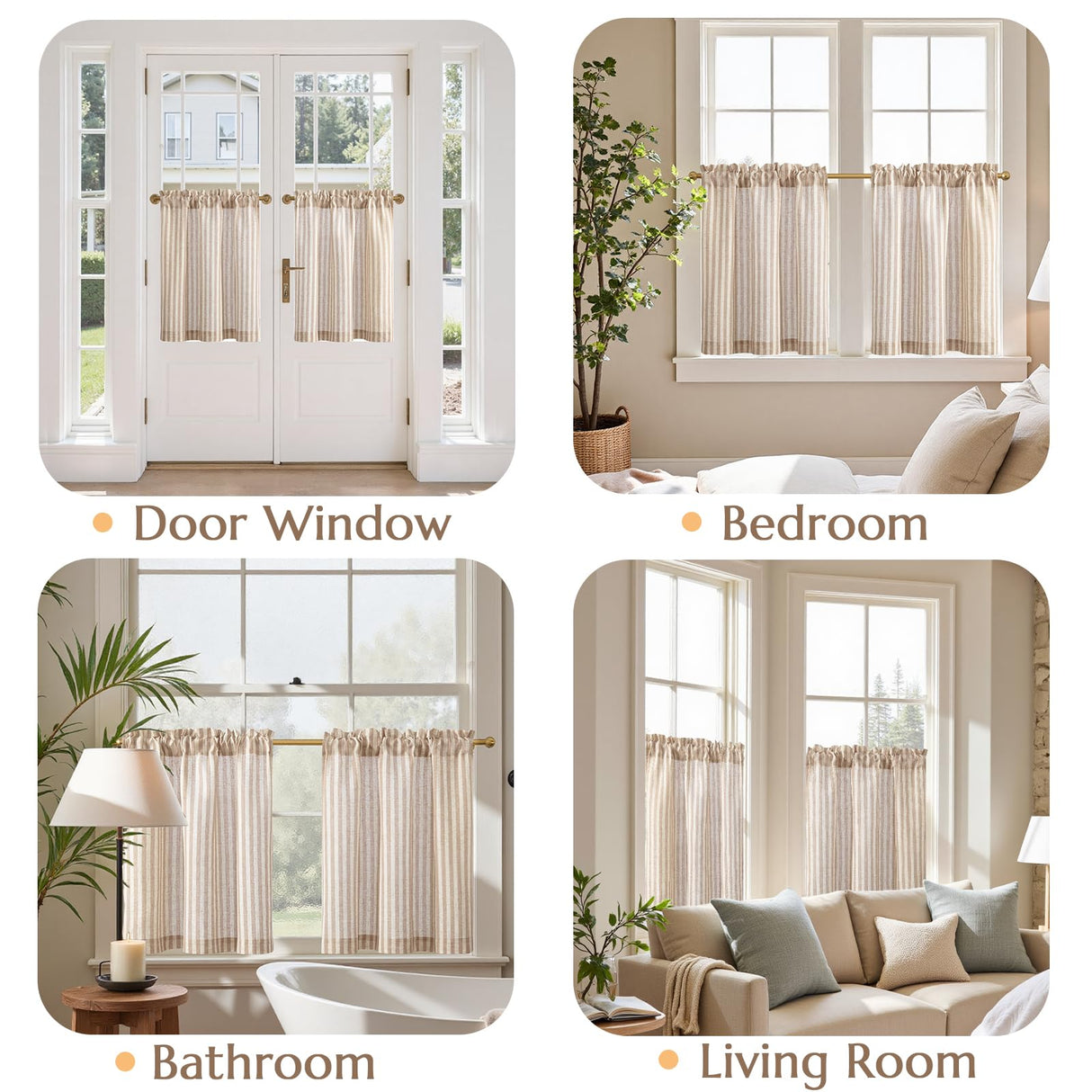 jinchan Striped Linen Kitchen Curtains 24 Inches Length Tier Curtains Farmhouse Modern Cafe Style Small Window Treatments Airy Light Filtering Rod Pocket for Living Room Bathroom 2 Panels Tan jinchan